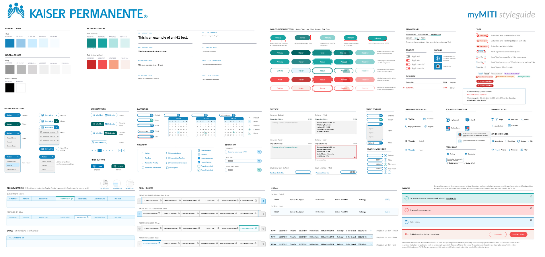 styleguide showing fonts, colors, and other assets that are used in the new website.