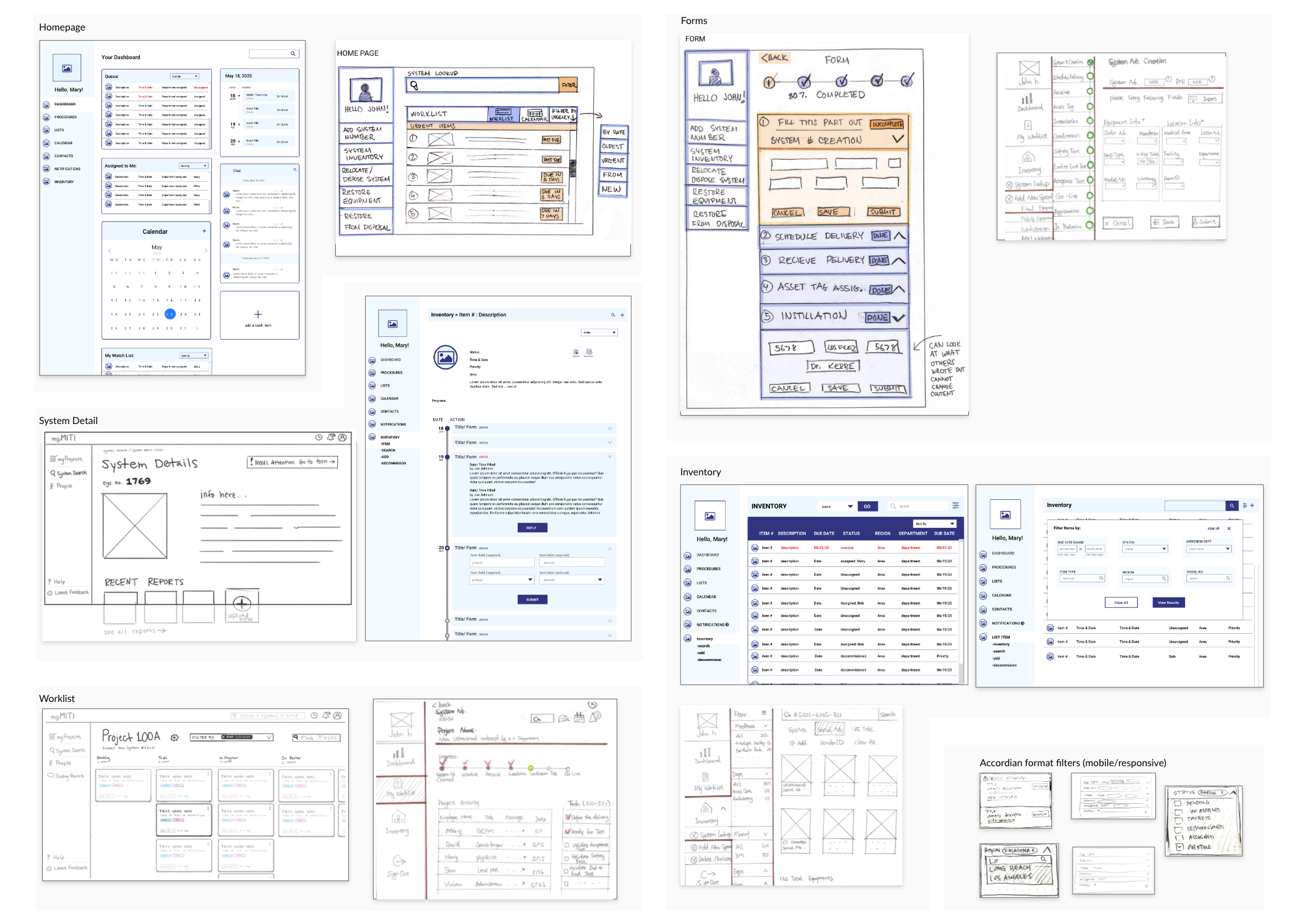 a mix of hand drawn and digital wireframes.