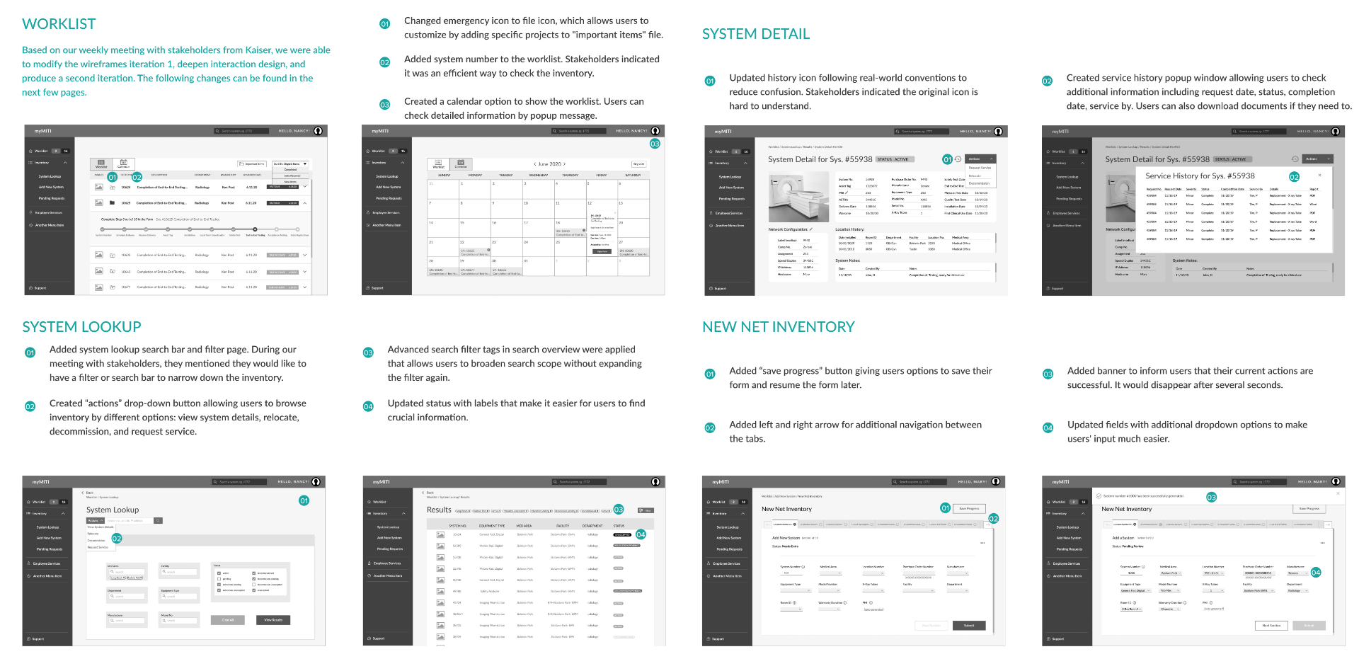 8 black and white wireframes that show a more complete flow and are annotated with opportunities and comments